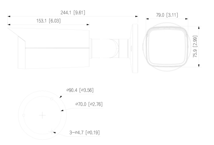 Detalle de la cámara - HAC-HFW2249T-I8-A-LED Schema dettagliato con le dimensioni della telecamera HAC-HFW2249T-I8-A-LED Dahua