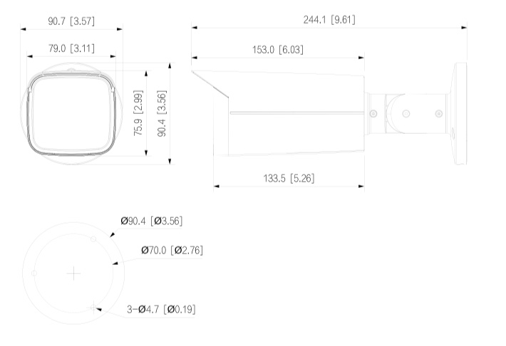 Détail de la caméra - HAC-HWF2241T-Z-A Schema dettagliato con le dimensioni della telecamera Dahua