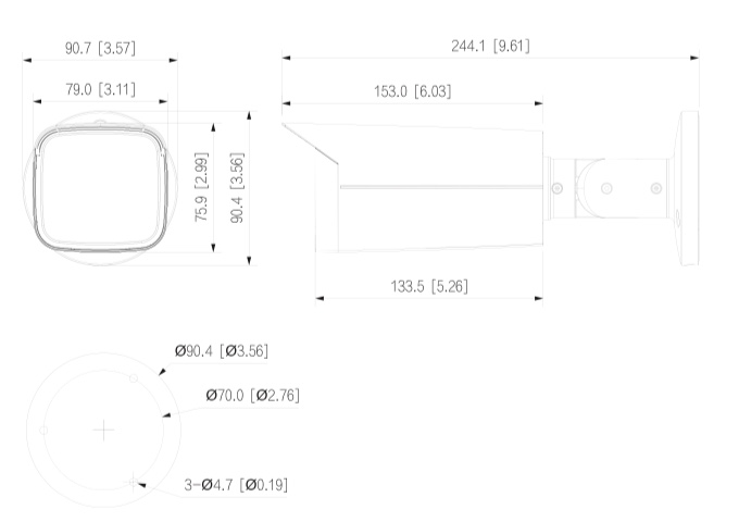 Dettaglio telecamera - HAC-HWF2241T-Z-A Schema dettagliato con le dimensioni della telecamera Dahua