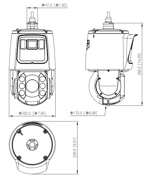 Dimensiones - IPC-PDBW5831-B360-E4 Telecamera multi-sensore panoramica+ptz Dahua-Stalight-4MP
