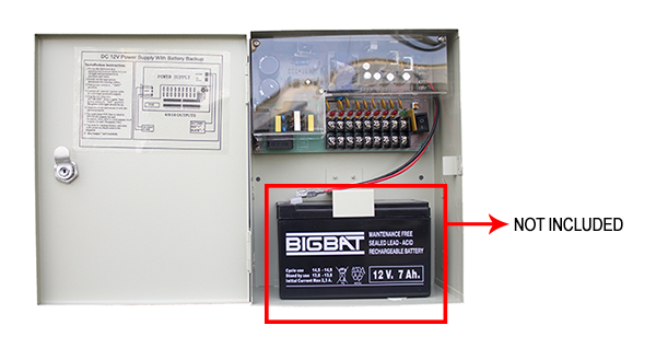 Box di alimentazione 12V 10A con 9 uscite. Slot per batterie