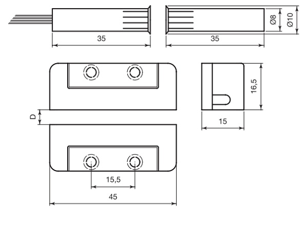 Contatto magnetico da incasso o a vista in termoplastico marrone.