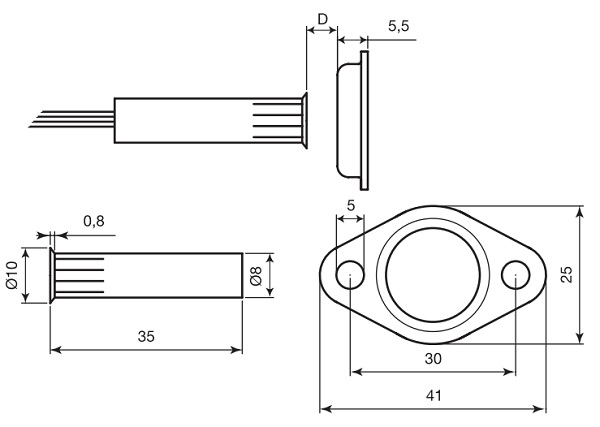 Table des dimensions du contact magnétique CSA 416-TF