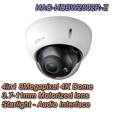 Dome Camera 4in1 - HAC-HDBW2802R-Z Telecamera Dome con risoluzione 8MP 4K ULTRA HD e ottica varifocale 3.7-11mm con zoom motorizzato. Starlight IP67, 120dB WDR, IK10