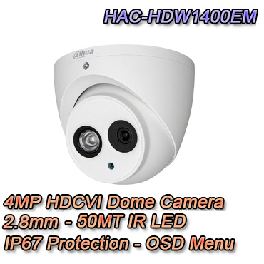 Telecamera Dome HDCVI - HAC-HDW1400EM Telecamera Dome con risoluzione 4MP e ottica fissa 3.6mm. IP67, IK10