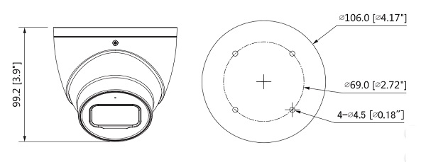 Schema dettagliato con le dimensioni della telecamera HAC-HDW2802T-A Dahua