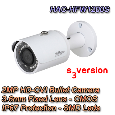 Caméra Bullet avec technologie HD-CVI marque Dahua. 2Mpx 1080P FULL HD, Optique 3.6mm. Protection IP67.