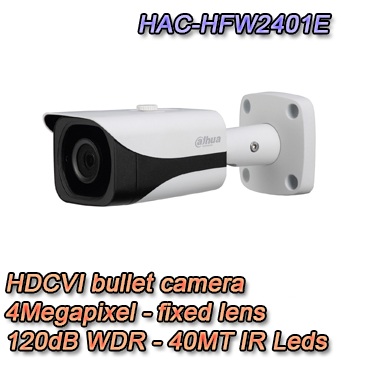 Telecamera HDCVI Dahua - HAC-HFW2401E Telecamera Dahua HDCVI Bullet 4MP ottica fissa 3.6mm. IP67 Protezione