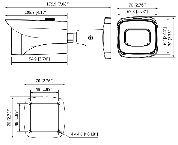 Schema dettagliato con le dimensioni della telecamera HAC-HFW2501E-A Dahua
