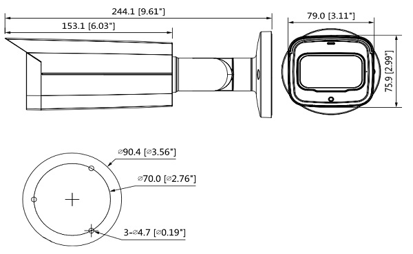 Schema dettagliato con le dimensioni della telecamera HAC-HFW2501TU-A-S2Dahua