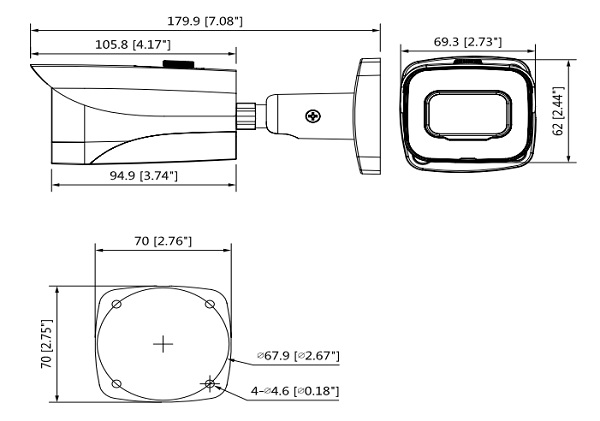 Schema dettagliato con le dimensioni della telecamera HAC-HFW2802E-A Dahua