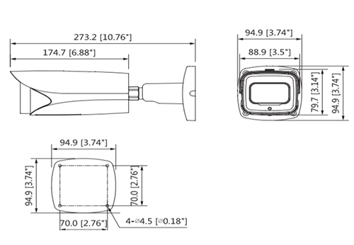 Schema dettagliato con le dimensioni della telecamera HAC-HFW3802E-Z-VP Dahua