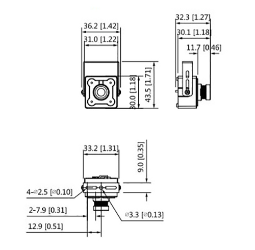 In-depth diagram of the dimensions of the HAC-HUM3201B-B camera