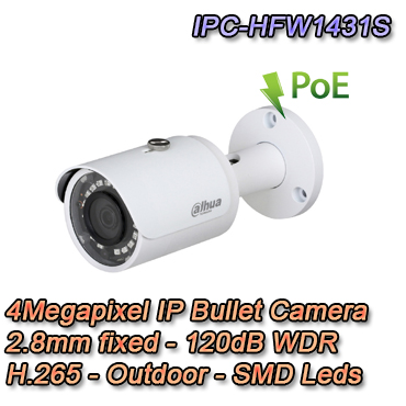 Telecamera Mini Bullet IP - IPC-HFW1431S Telecamera Mini Bullet con risoluzione 4Mpx e ottica fissa 2.8mm. IP67