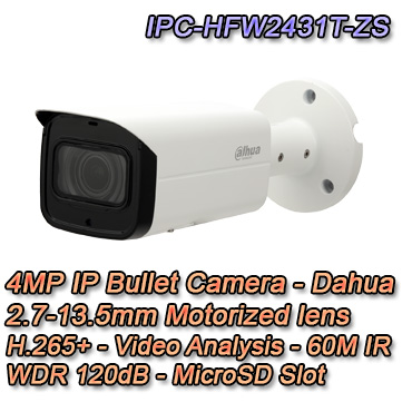 Telecamera IP Bullet con risoluzione 4Mpx e ottica varifocale 2.7-13.5mm. IR LED 60MT Video Analisi