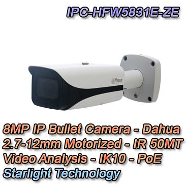 IP-Bullet-Kamera - IPC-HFW5831EZ-E Telecamera Bullet con risoluzione 8MP e ottica varifocale 2.7-12mm, smart detection, ip67, micro sd