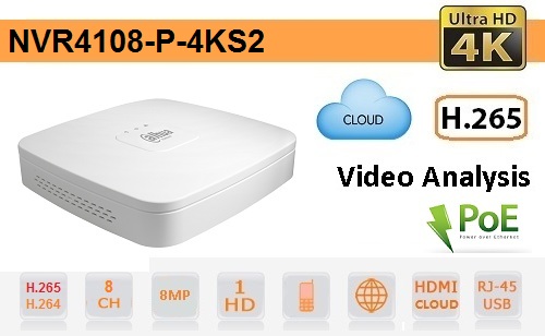 NVR 8 Channels IP - NVR4108-P-4KS2 NVR 8 Canali IP PoE Dahua fino a 8megapixel 4k ultra hd
