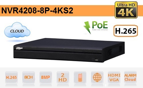 8-Kanal-NVR DAHUA - NVR4208-8P-4KS2 NVR 8 Canali fino a 8MP - Serie 4K Ultra HD - PoE - Dahua