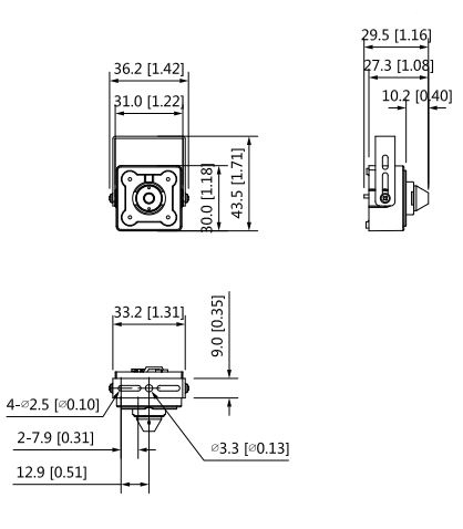 Detailliertes Diagramm der Abmessungen der Kamera HAC-HUM3201B-P