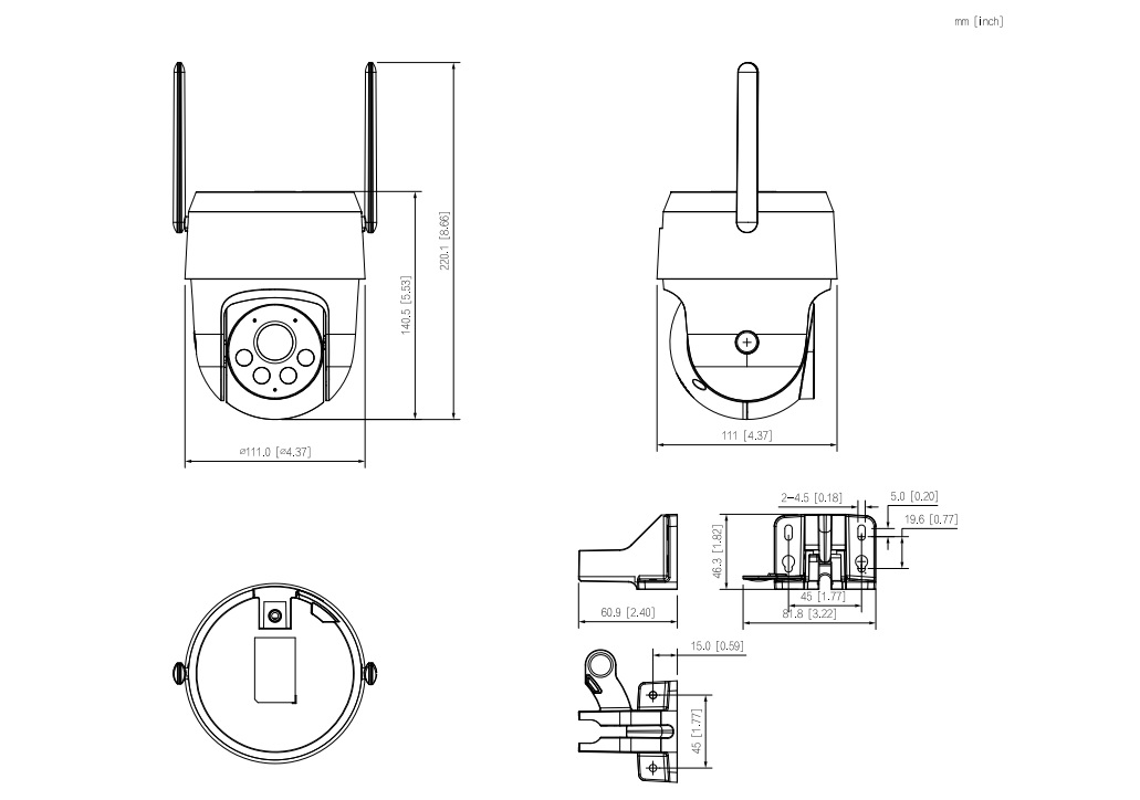 PT 3MP WiFi Camera Dimensions Diagram Schema dimensionale della telecamera WiFi PT 3MP: misure, ingombri e punti di fissaggio per un’installazione corretta.